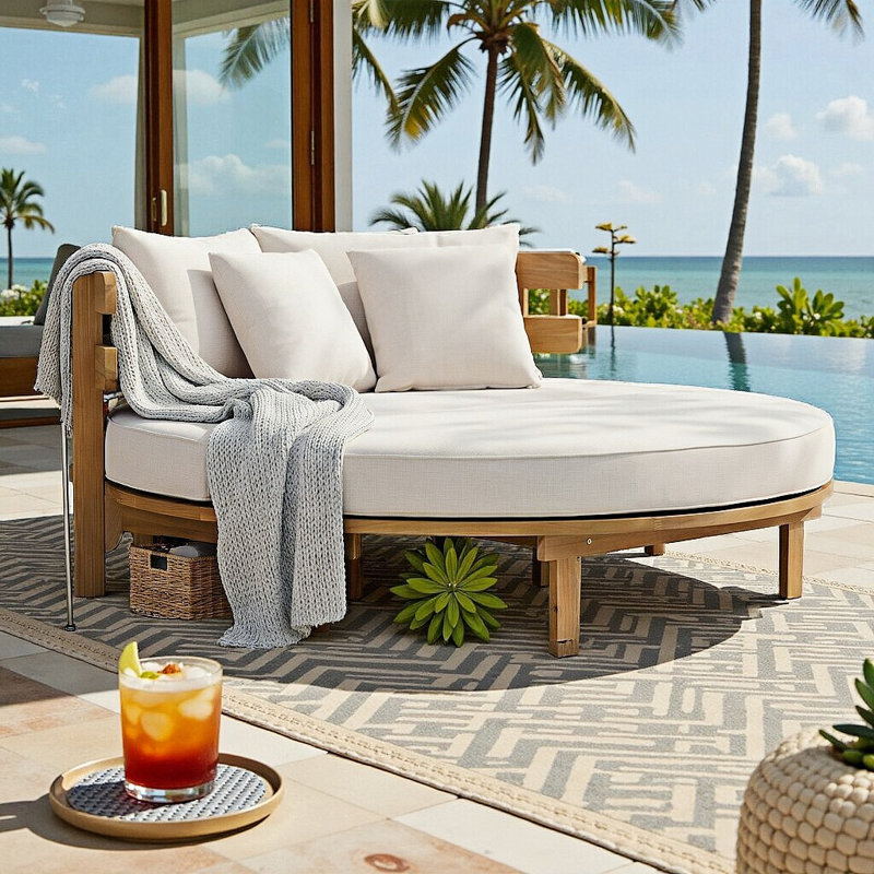 Acacia Wood Round Patio Daybed, Outdoor Lounger with Half-Round Slatted Backrest, Foldable Cushion & 4 Pillows, Water-Resistant Covers for Backyard, Poolside, Garden