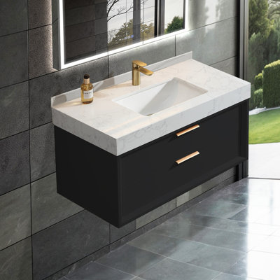 Meuble-lavabo mural simple en bois massif 36 po avec comptoir en pierre et lumière