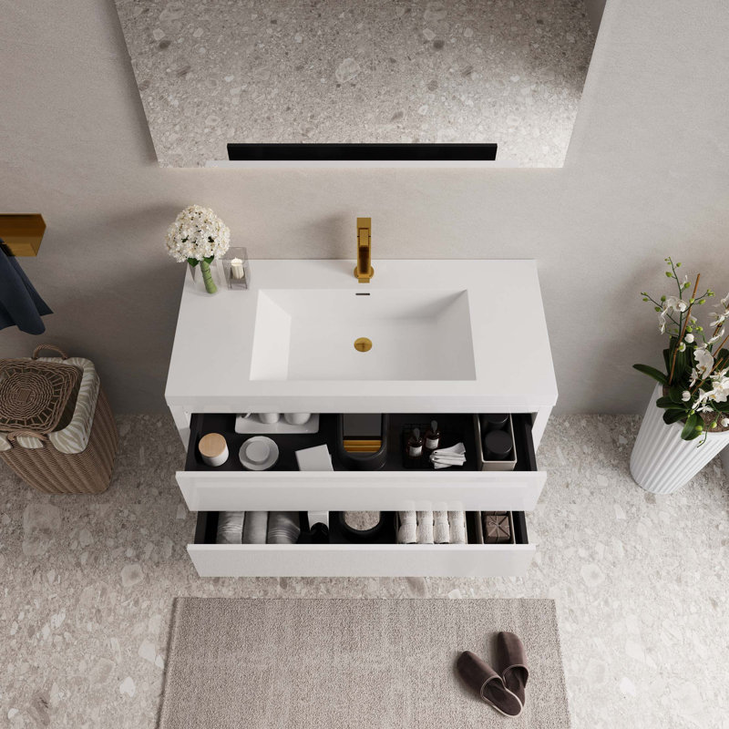 Meuble-lavabo mural avec comptoir en résine de pierre et tiroirs à fermeture en douceur