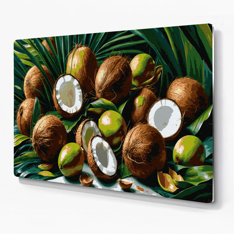 Fruit, noix de coco, art mural en métal brun, H 8 po x l 10 po