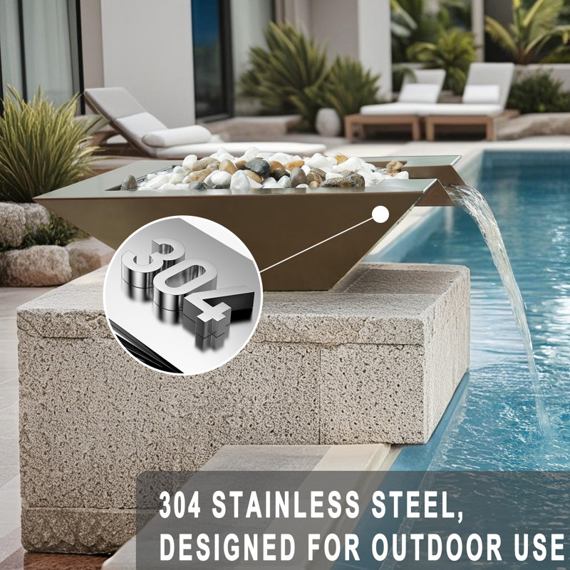 20" Square Garden Water Bowl, Stainless Steel Spilling Water Feature for Outdoor Ponds, and Other Landscaped Areas (Antique Brown Coated)
