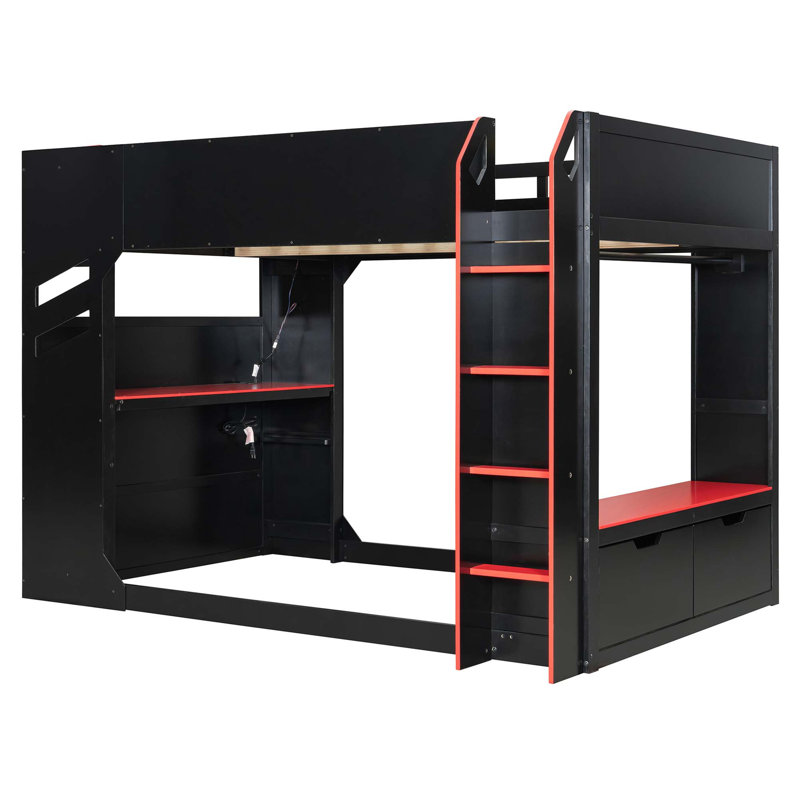 Lit mezzanine en bois peu encombrant avec bureau réglable et lumières de jeu RVB, Noir; rouge