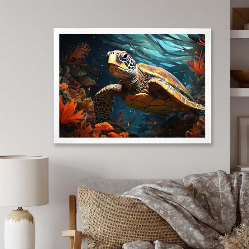«Turtle Aquatic Wanderer», impression géométrique sur toile, H 12 po x l 20 po x P 1 po, Cadre simple blanc