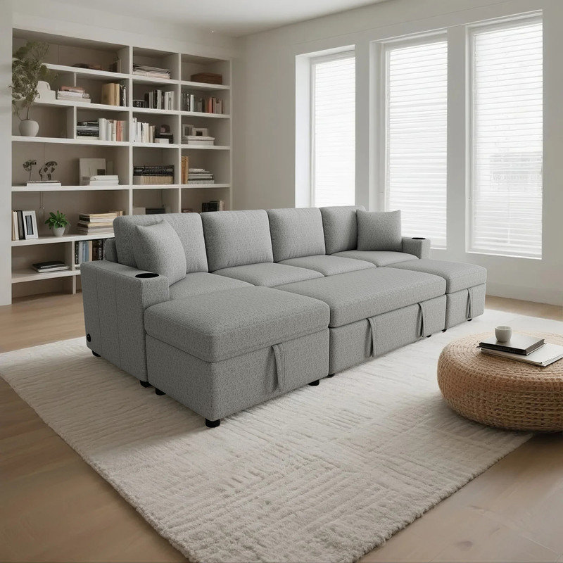 Canapé-lit modulaire convertible avec repose-pieds et ports USB, Gris chenille