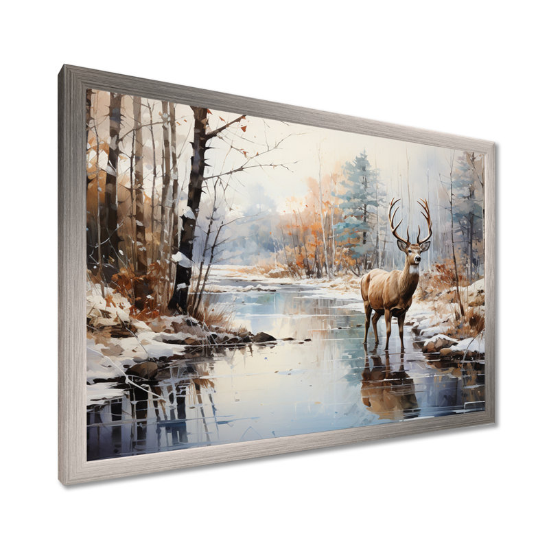 Cerf hiver sérénade - art mural grand cerf, Cadre simple argenté, H 16 po x l 32 po x P 1 po
