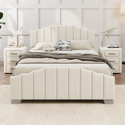 3 Pieces Bedroom Sets Velvet Upholstered Platform Bed Vertical Channel Tufted Headboard And Two Three-Drawer Nightstands