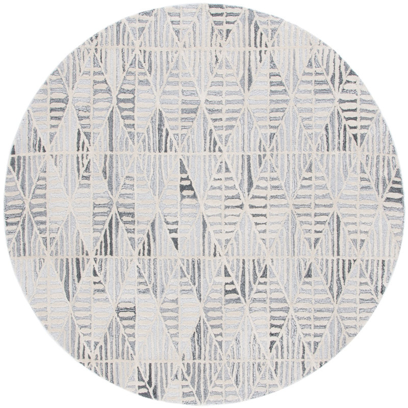Ebony Hand Tufted Wool Viscose Cotton with Latex Geometric Rug in Ivory/Gray, Round 6'