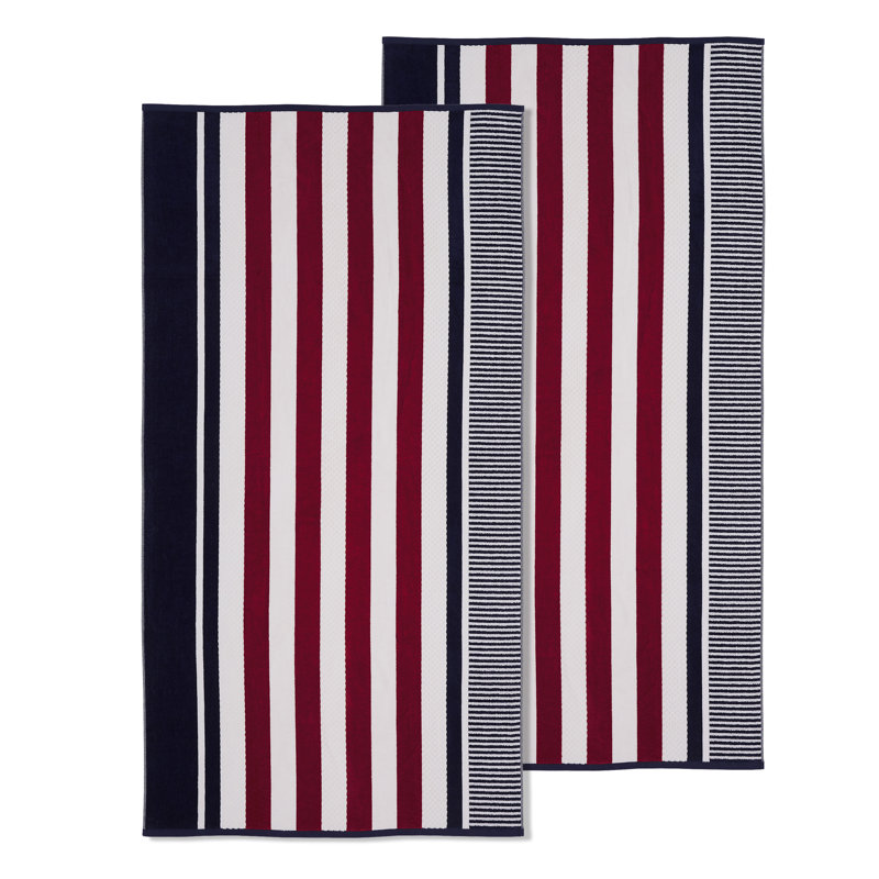 Serviette de plage 100% coton rayée Gilus, Bleu marine