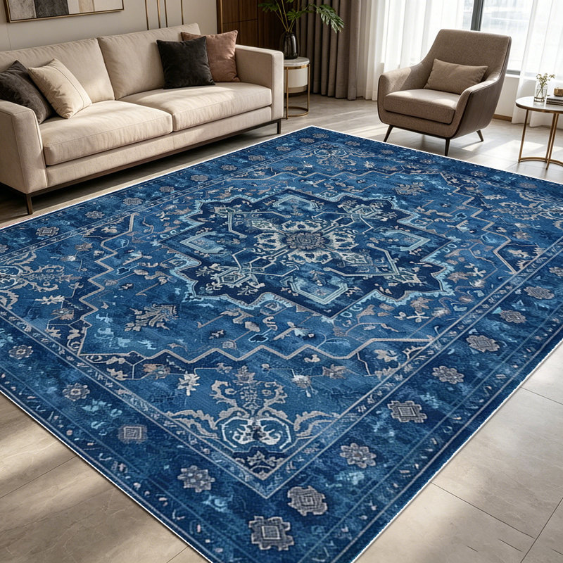 1PC Vintage Distressed Navy Blue Persian Floral Medallion area rugs for Living Room, Soft and Comfortable, Suitable for all seasons, easy-to-maintain, machine washable Indoor floor mat, Under Table Farmhouse suitable for dining room, bedroom,