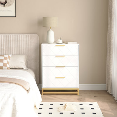 Table de chevet blanche en bois avec 4 tiroirs, table de chevet étroite avec poignées en métal et ensemble anti-basculement, armoire de rangement multi-usage pour chambre à coucher et salon