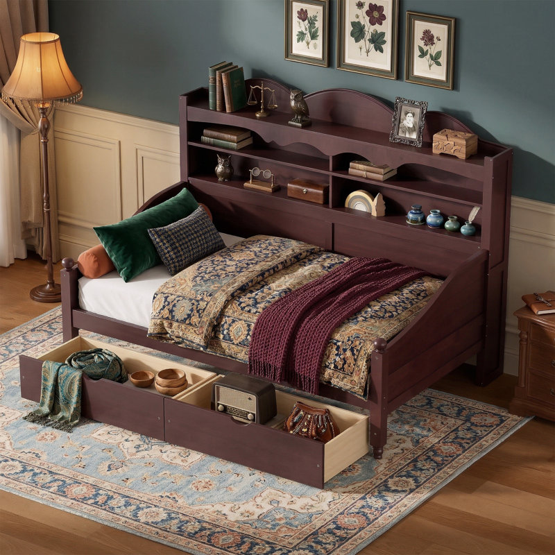 79.3" Twin Daybed With Storage Headboard And 2 Drawers - Solid Wood Bed Frame - Antique Grey, Espresso