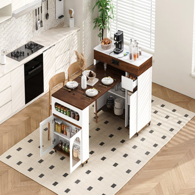Table de salle à manger extensible avec plateau pliable extra-long, îlot de cuisine roulant avec tiroirs, prise de courant et verrou de frein, armoire de rangement pour la cuisine et la salle à manger (noyer + blanc crème)