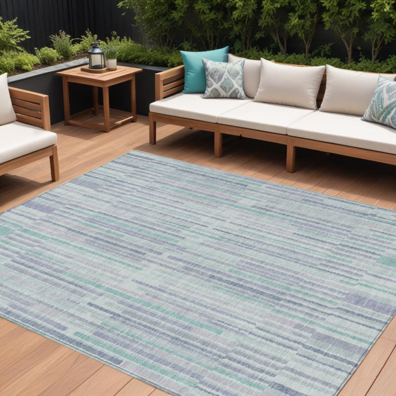 Tapis intérieur lavable rayé vert menthe et ivoire 9 pi x 12 pi