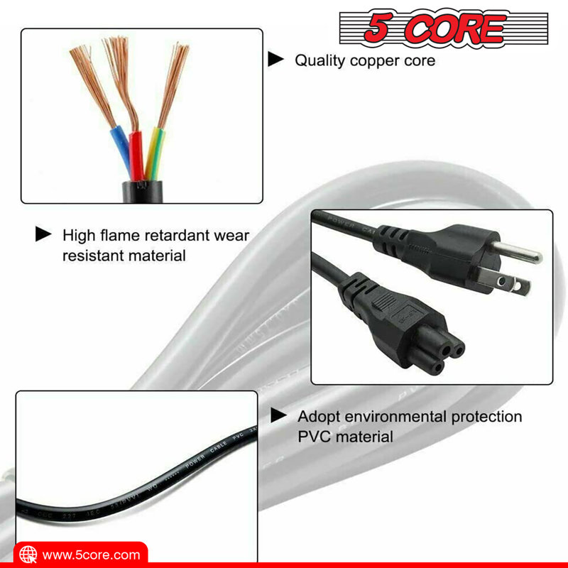 5 Core AC Power Cord 10 Ft 3 Prong Extension Adapter 16AWG/2C 125V 13A US Polarized Male- Female