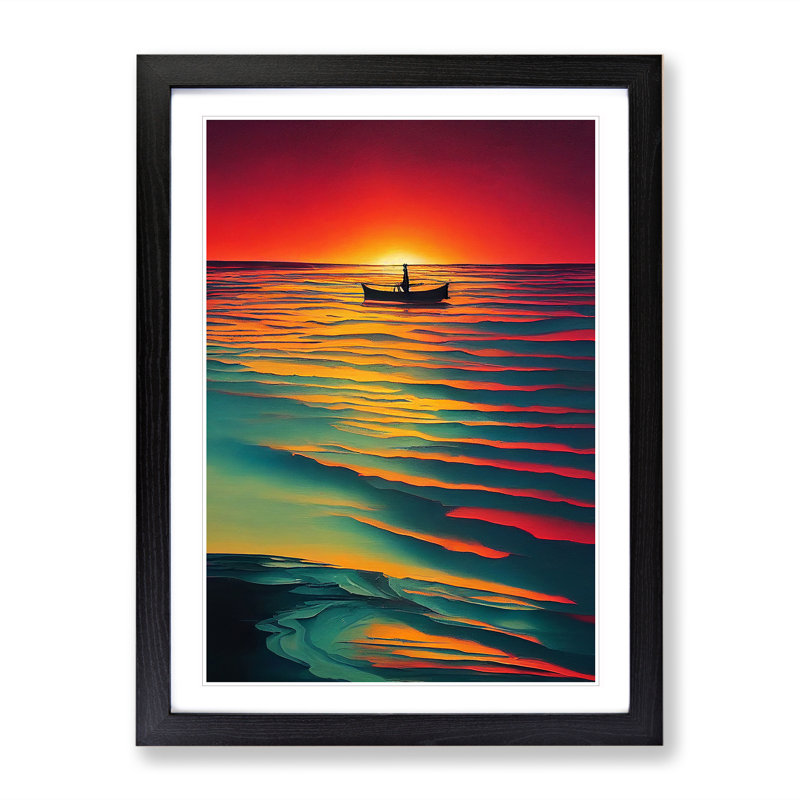 Boat And The Ocean Sunset - Single Picture Frame Print, Black, 64cm H x 46cm W x 2cm D