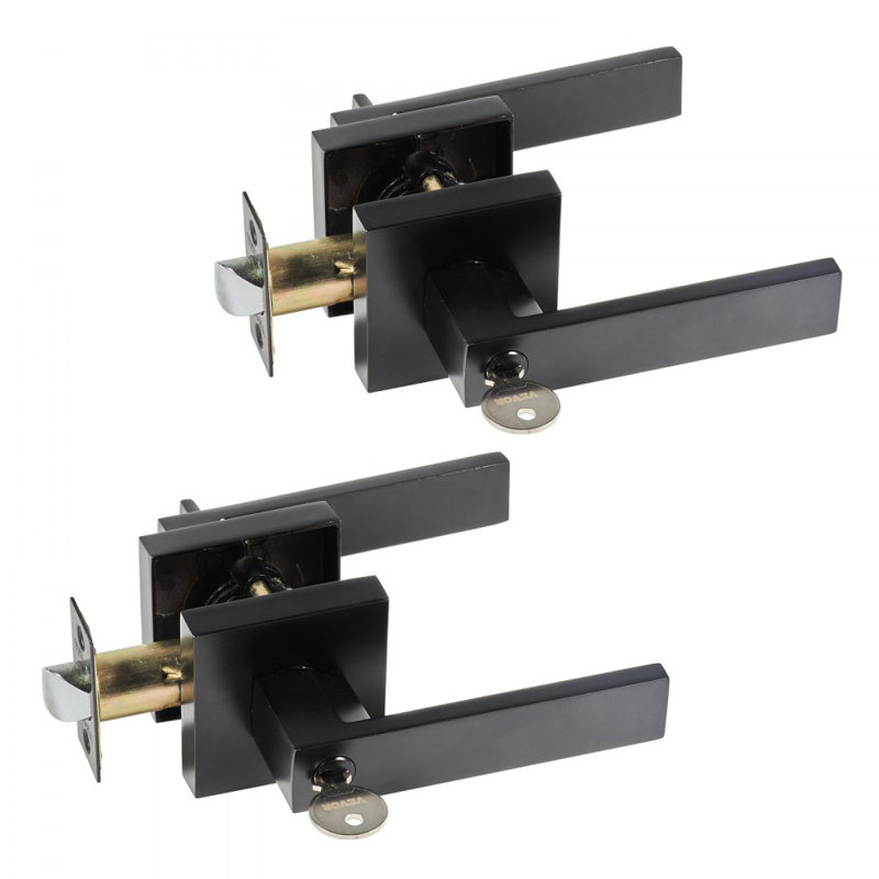 Entry Lever Door Handle, Black Entry Knob, Lock and Key Locking Lever Set, Contemporary Square Door Lever, Reversible for Right and Left Sided Doors, 45° Rotation to Open, for Front Door