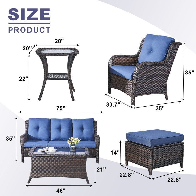Bonia Wicker 5 - Person Patio Conversation Set with Cushions, Brown, Blue
