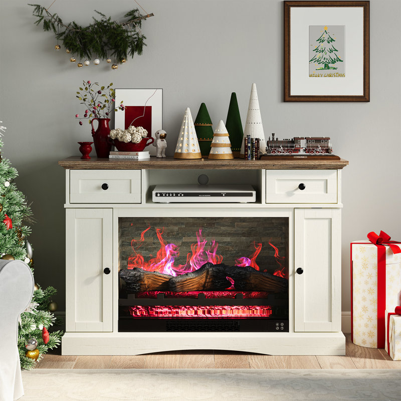Meuble télé de style champêtre avec foyer électrique de 71 cm (28 pouces), console multimédia en panneaux de particules blancs pour téléviseurs jusqu'à 55 pouces (140 cm).