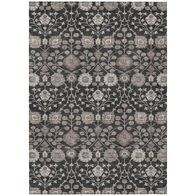Tapis d'intérieur 10 pi x 14 pi noir brun et beige floral lavable