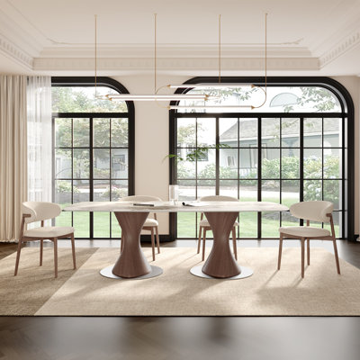 93.7" Double Trestle Dining Table, Premium Sintered Stone Top in High-Gloss Amber/White, Solid Wood Base on Heavy-Duty Carbon Steel Discs, 8-10 Person