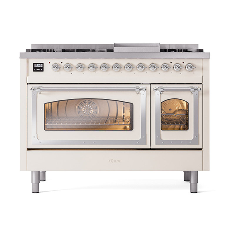 ILVE UN48FNMPEGG Nostalgie II Noblesse 48 inch Dual Fuel Range (8 Sealed Burners + Griddle, Triple Glass Door), Antique White