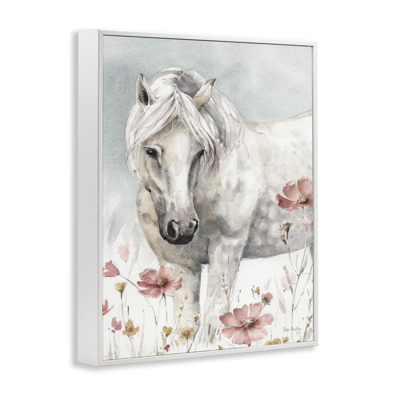 «Beautiful Horse Pink Flower», reproduction, Cadre blanc, H 14 po x l 11 po