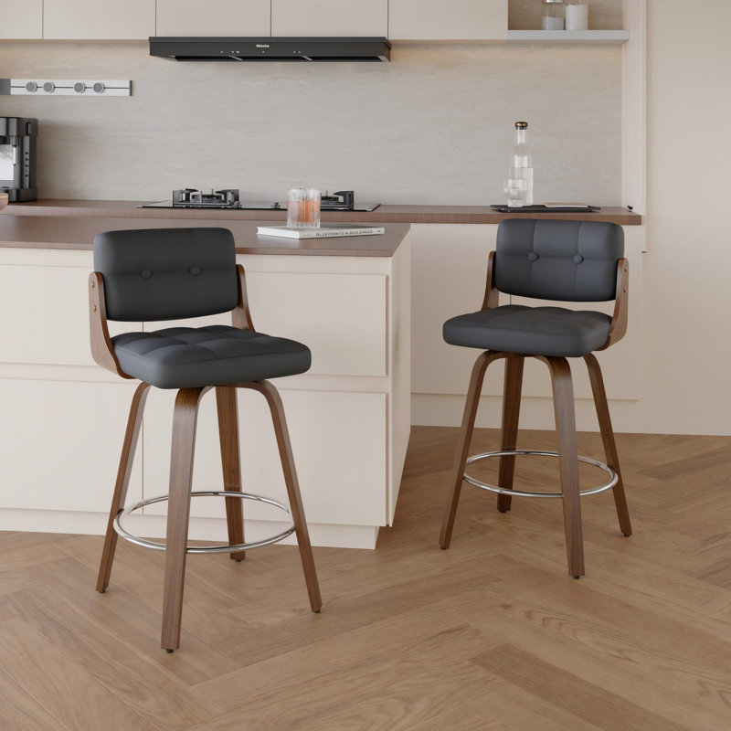 Tabouret de comptoir pivotant en cuir moderne de 26 po avec structure en bois robuste, Noir