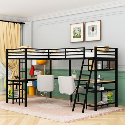 Lit mezzanine simple en métal avec DEL, rangement et 2 bureaux