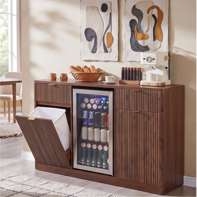 59" Coffee Bar Cabinet with Mini Fridge Space, Tilt-Out Trash Cabinet, and Charging Station, Fluted Wine Bar Sideboard with Glass Holders, Walnut Brown