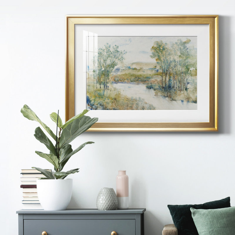 «Trees On The Creek I», reproduction encadrée de qualité supérieure - prête à être accrochée, Or