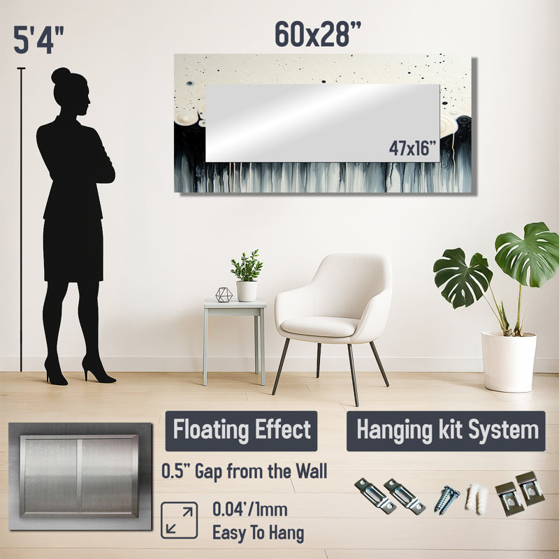 Vague noire et blanche, volcan rythmique I - miroir décoratif mural - imprimé sur métal, 28 po x 60 po
