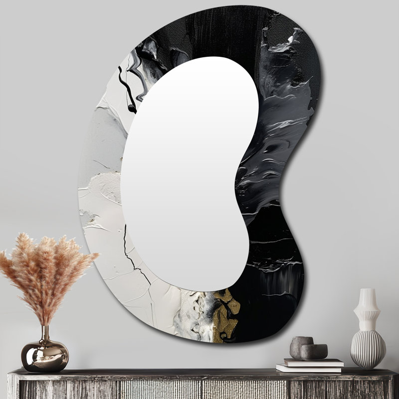 «Black Textured Splash Paint Art I», art abstrait en métal, miroir mural asymétrique moderne, 39 po x 28 po