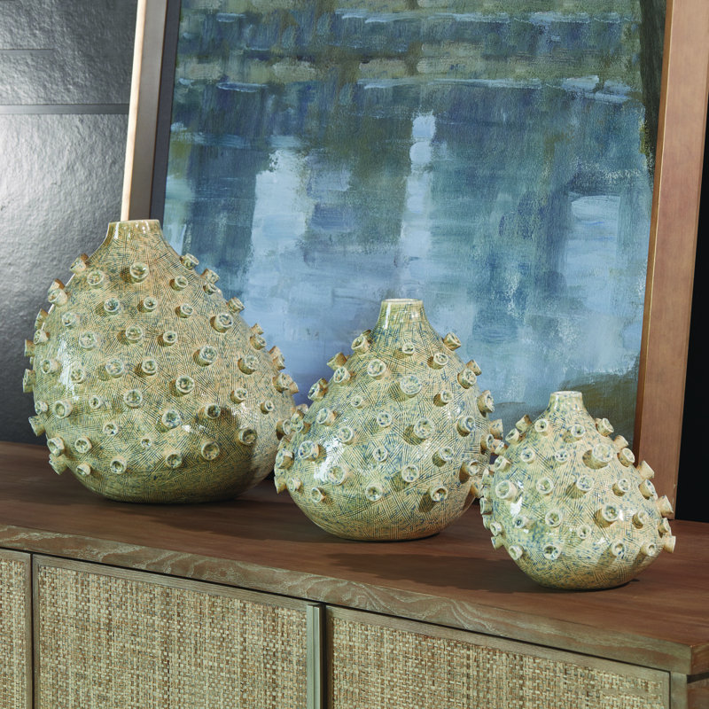 Sea Coral Vase in Cream/Blue, 9.25" H x 8" W x 9" D