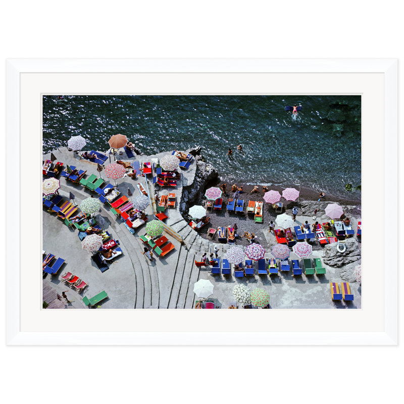Positano Beach Print by Slim Aarons, White Single Picture Framed, 43.5" H x 59.5" W x 1.5" D