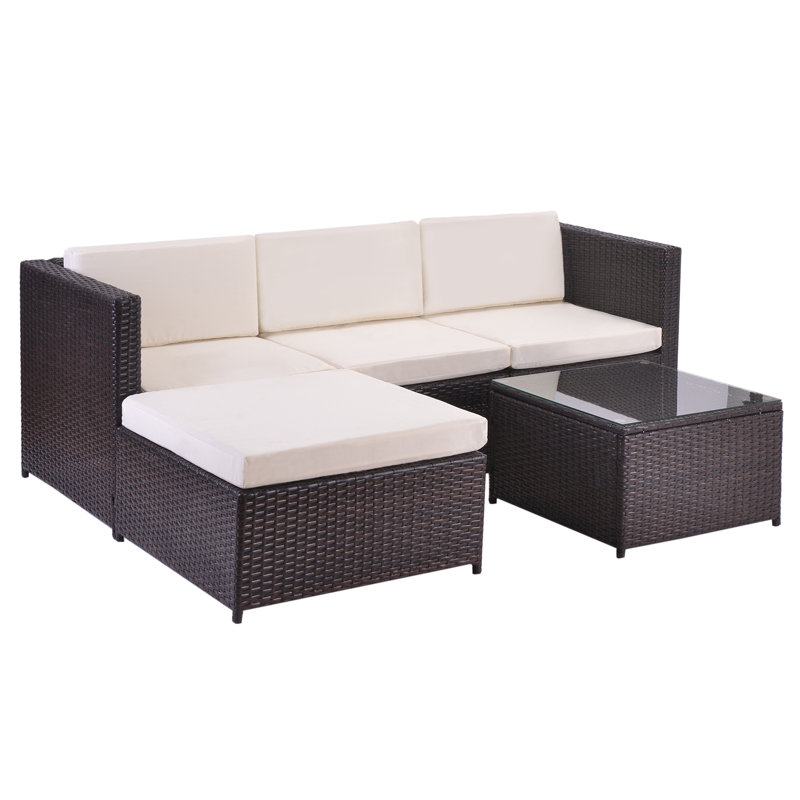 Rattan Garden Wicker Furniture Patio Sofa Set With Glass Coffee Table, Brown Rupert, Cream