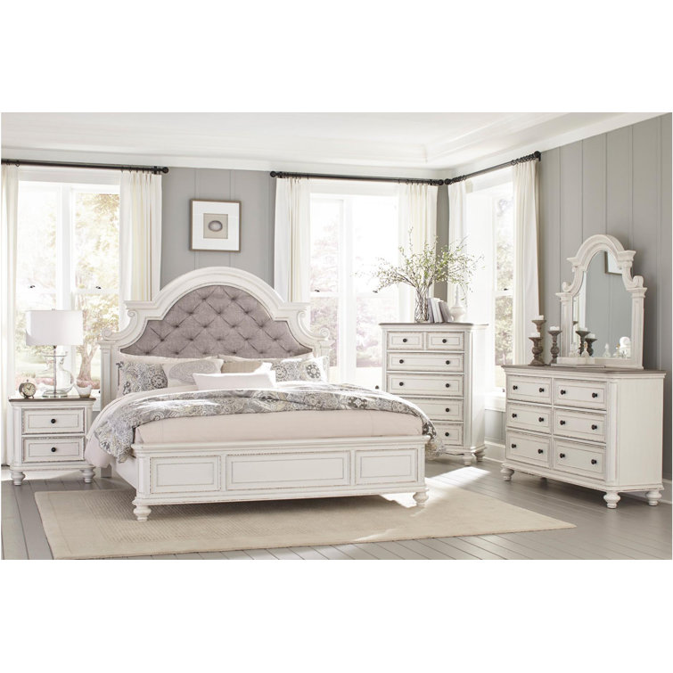 Allegheny Antique White Fabric Panel Bedroom Set  King 6 Piece: Bed, Dresser, Mirror, 2 Nightstands, Chest