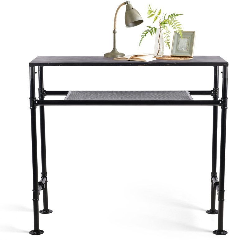 Marlean Pine Solid Wood Top Metal Base Dining Table, 40.15" H x 21.65" W x 49.21" L, Black, Black