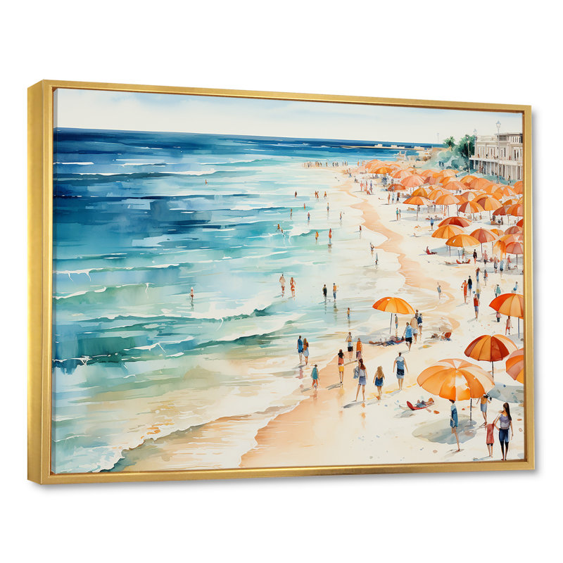Reproduction d'art sur toile Beach Day, Cadre flottant doré, H 34 po x l 44 po x P 1,5 po