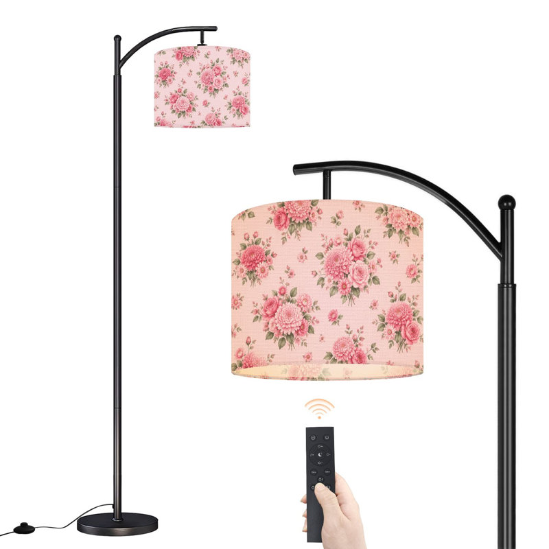 Lampe sur pied avec abat-jour réglable, motif floral de roses roses, 3 températures de couleur, intensité variable, lampe sur pied avec interrupteur au pied pour chambre à coucher