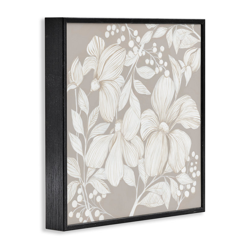 Botanical Symphony Neutrals, estampe numérique, design par Hannah Dawson, H 12 po x l 12 po, Giclée encadrée noir minuit