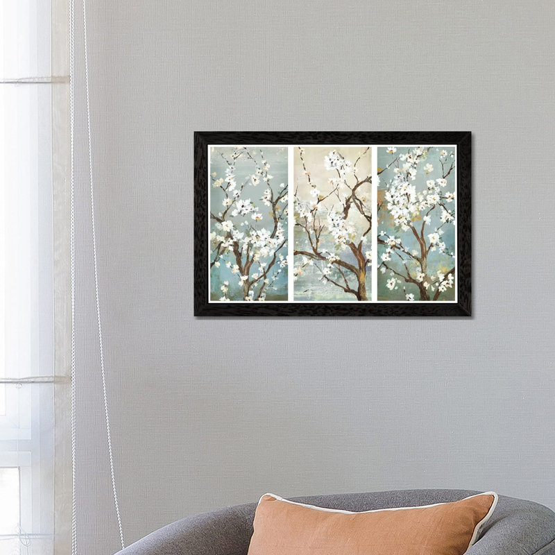 Triptych In Bloom - Painting on Canvas, 101.6 cm H x 66.04 cm W, Black Framed