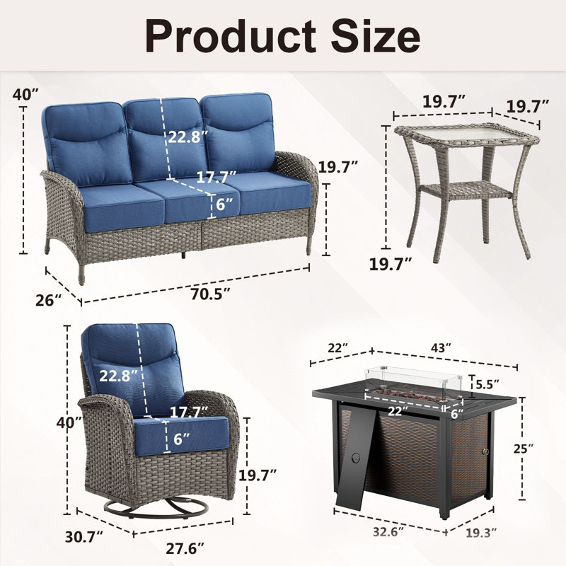 Ensemble de conversation pour foyer extérieur en osier 8 pièces avec canapé et chaises pivotantes 8 pièces, Bleu