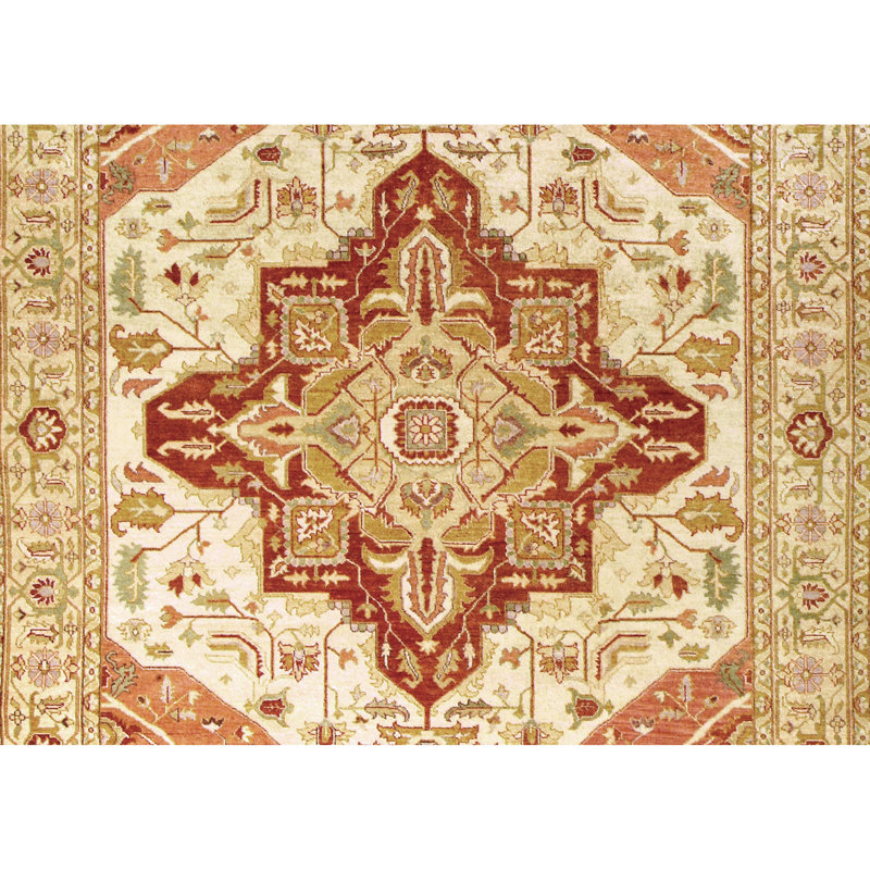 Tapis oriental rectangulaire en laine noué à la main crème / or clair / rouge, Rectangle 6 pi x 9 pi