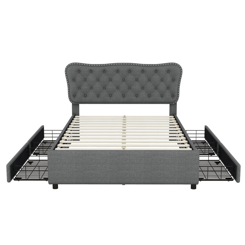 Upholstered Bed 140*200 Cm With 4 Drawers, Grey