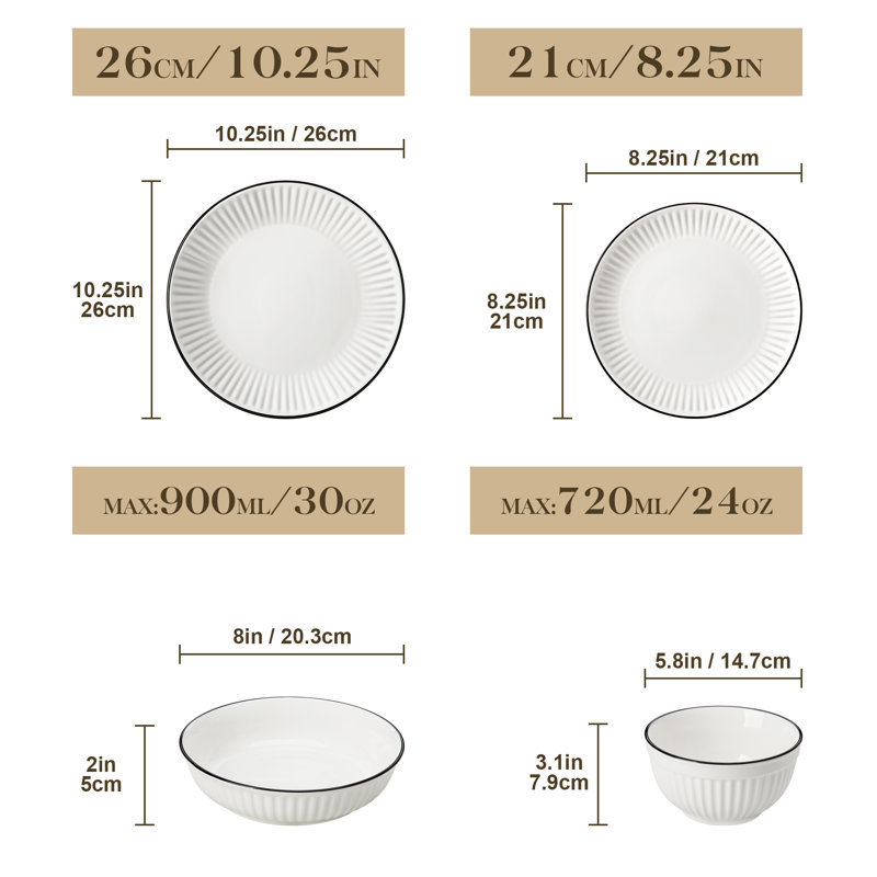 Piece Porcelain China Dinnerware Set - Service for 4, White/Black