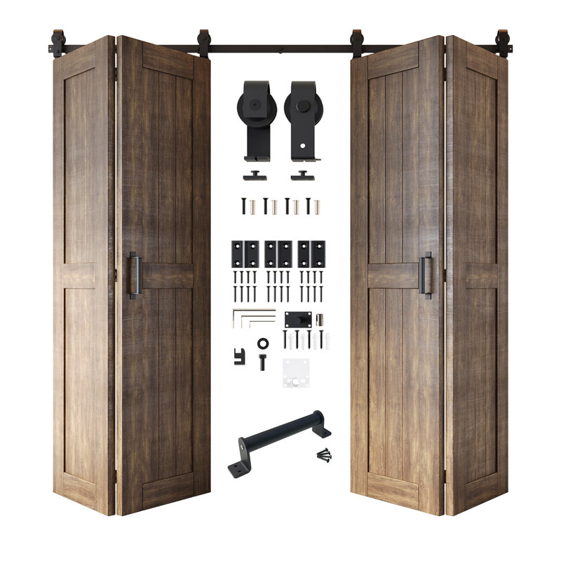 Porte de grange en noyer foncé de 80 po de hauteur non assemblée et fini Homacer, quatre portes de 20 po x 80 po avec quincaillerie de fixation supérieure pliable