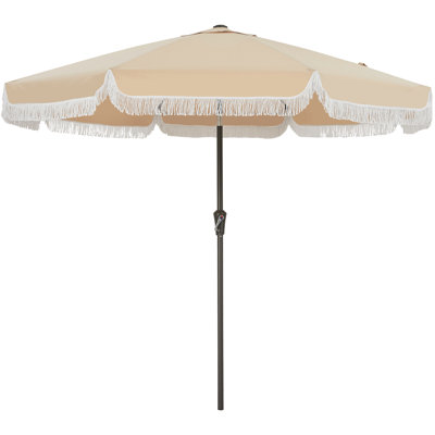 Parasol de patio à franges 9 pi avec manivelle et inclinaison à bouton-poussoir, 8 nervures en fibre de verre, mât en acier de 1,5 pouce, grand parasol de marché pour la cour de la piscine
