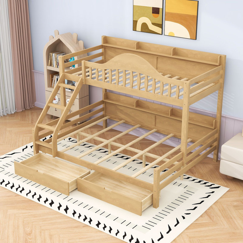 Lit superposé en bois avec étagères, barrières de sécurité incurvées et tiroirs de rangement, Twin Extra Long Over Queen