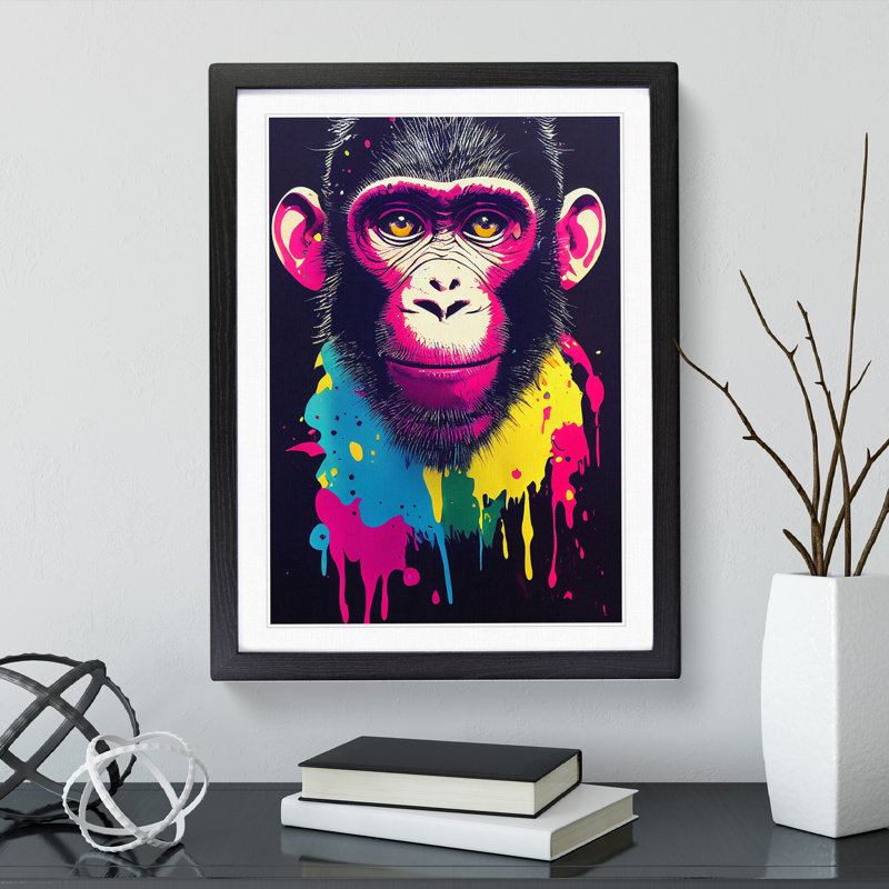 XV1022-3348X Painted Monkey No.5 - Single Picture Frame Painting, Black , 46cm H x 34cm W x 2cm D