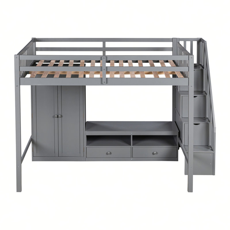 Loft Bed Frame with Wardrobe,Low Storage Table and Storage Staircase, Grey